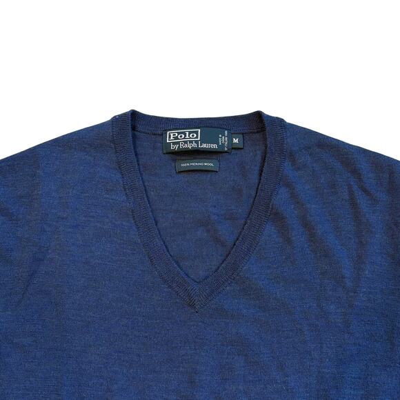Vtg Polo Ralph Lauren Sweater Mens Med Blue V Neck Merino Wool Long Sleeve *FLAW - Picture 3 of 10